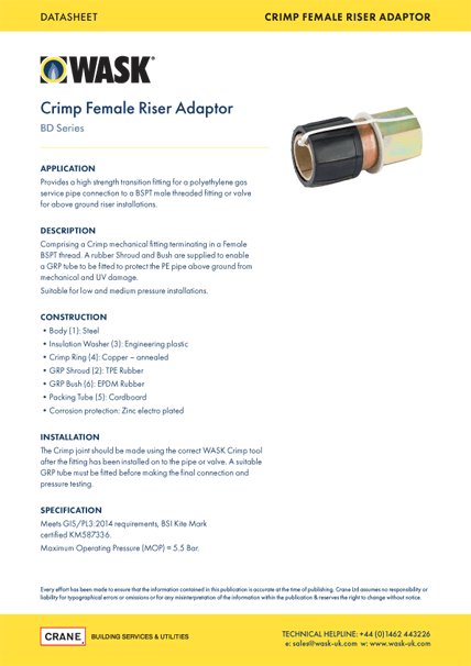 Crimp Female Riser Adaptor - BD Series - Datasheet - WASK