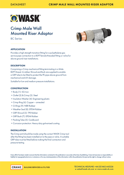 Crimp Male Wall Mounted Riser Adaptor - BC Series - Datasheet - WASK